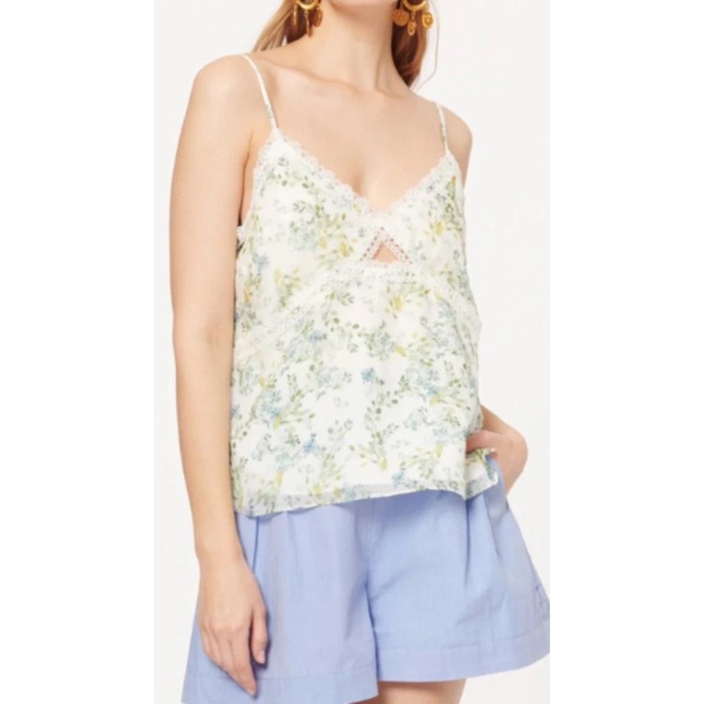 CAMI NYC Silk Cami Top Womens S White Floral Lace Keyhole Romantic Cottagecore